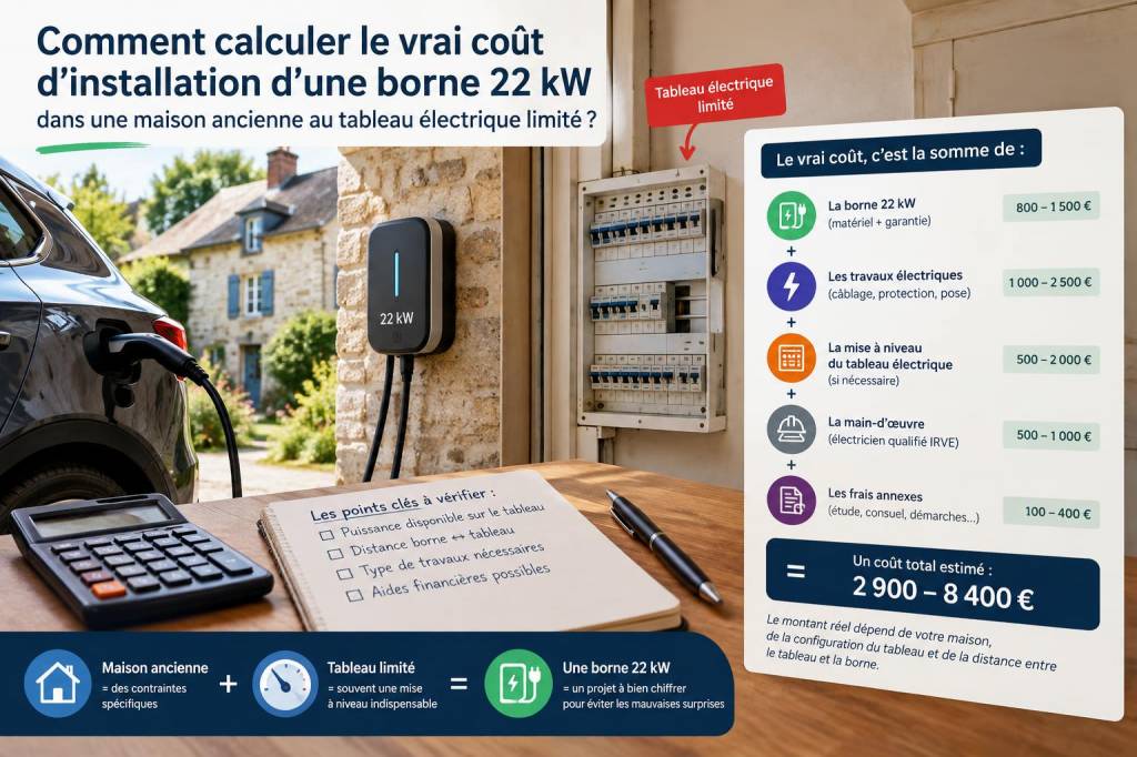 Comment calculer le vrai coût d'installation d'une borne 22 kW dans une maison ancienne au tableau électrique limité